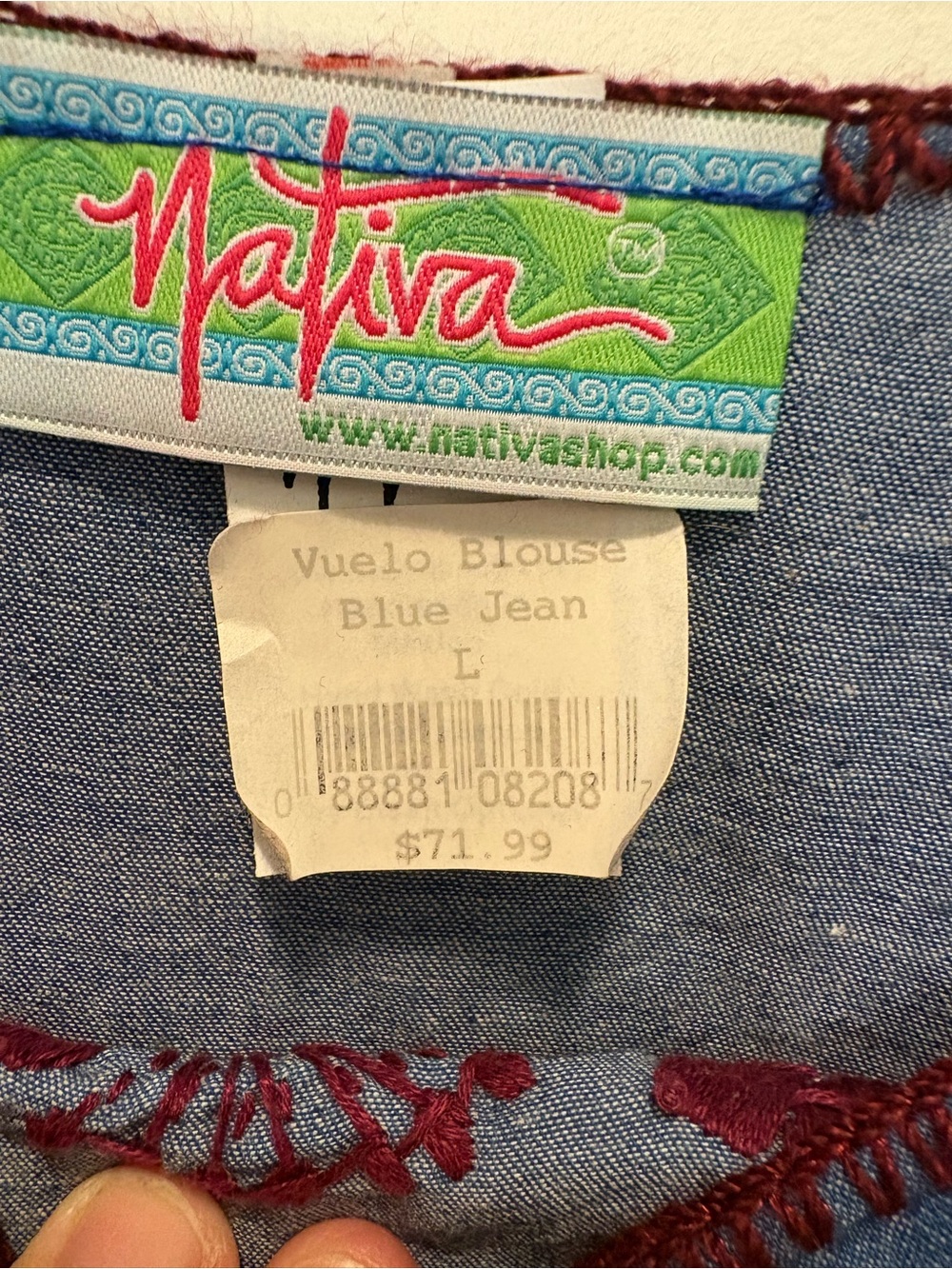 Nativa Embroidered Blue Denim Peasant Top with Maroon detail - Picture 3 of 5
